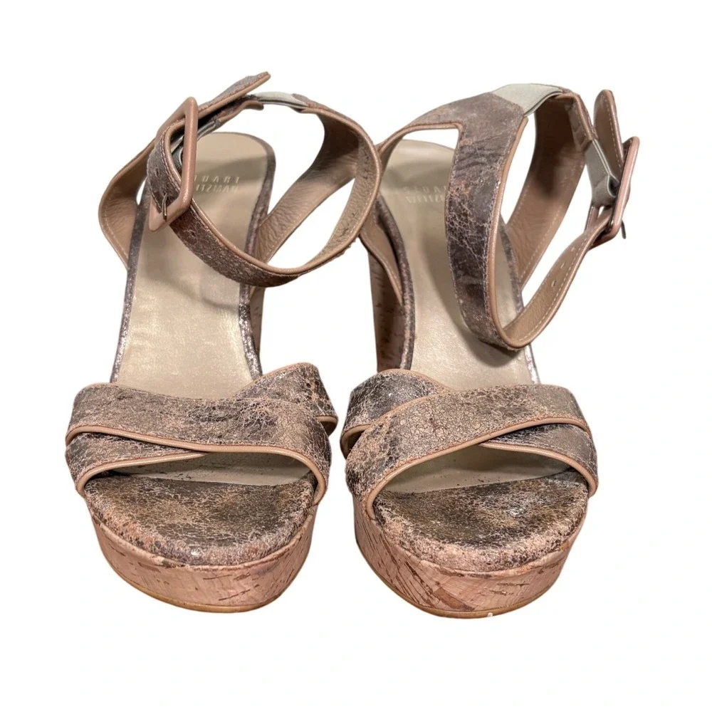 Stuart Weitzman Bronze Metallic Distressed Leather Cork Wedge Sandals size 7.5